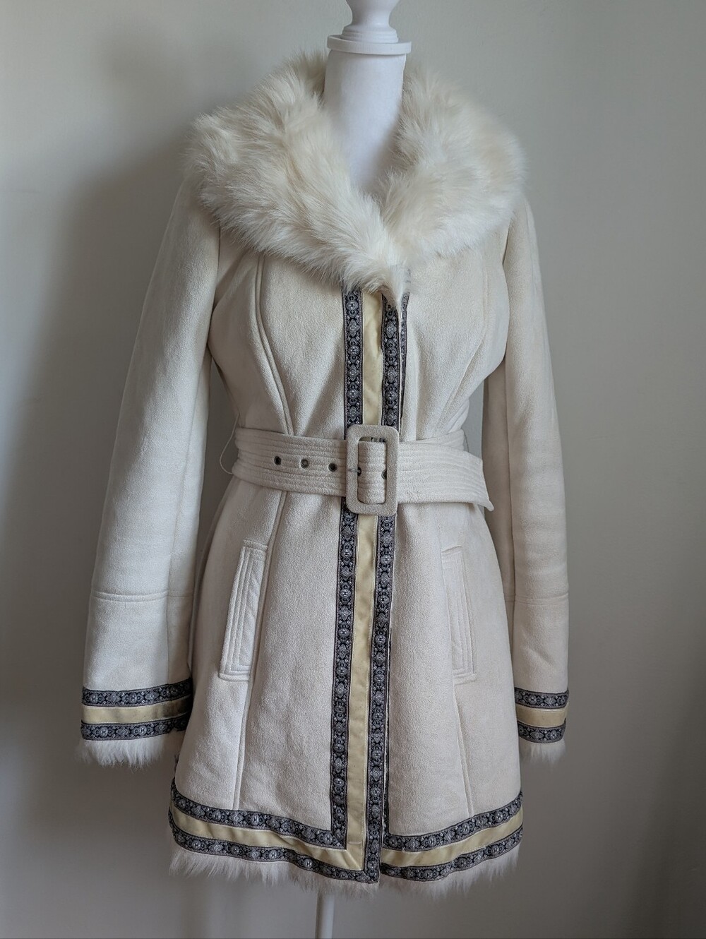 Y2K Bebe Ivory Faux Suede Penny Lane Coat With Tapestry Trim and Fur Collar